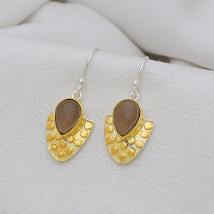 Pendientes de cuarzo ahumado de Plata de Ley 925 de doble tono de fabricación india - Product Image 3