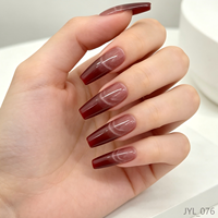 Faux ongles longs en ABS à presser, motif œil de chat bordeaux, avec paillettes magnétiques pour les doigts