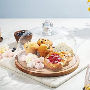 Support à gâteau en bois 2 en 1 avec dôme en verre - Plateau de service multifonction et plateau à fromage pour la décoration de la maison et les cadeaux - Product Image 4