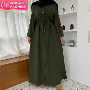 6289#Women Long Dress New Fashion Muslim Solid Color Full Sleeve Button Down Slim High Waist New Dress - Product Image 1