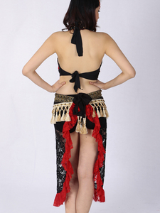 Sexy Tribal Dança do Ventre Traje Set Egípcio Cigano Dança Do Ventre Halter Colheita Top Frisado Borla Rendas Envoltório Saia Quadril Lenço - Product Image 4