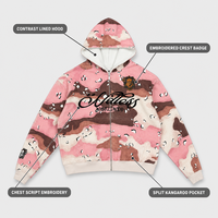 Sweat à capuche rose personnalisé de haute qualité pour homme, en molleton de coton épais, imprimé camouflage et lettres, fermeture éclair intégrale, épaules tombantes, pour streetwear décontracté