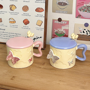 Dragon Nest Butterfly Ceramic Mug With Lid And Spoon 301-400ml Heat Resistant <b>Cup</b> For Girls Gift Present - Product Image 1