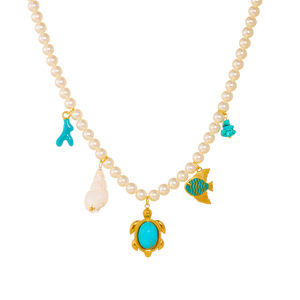European American Style Ocean Theme Gold Plated Pearl Necklace With Turtle Fish Shell Charms Turquoise Pendant Everyday Wear - Product Image 5