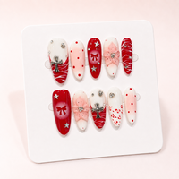 Faux Ongles Longs Ovales à Presser Faits Main de Qualité Supérieure, en Acrylique Rouge Rose Personnalisé, avec Fleurs 3D, Nœuds, Croix et Étoiles en Strass, Vente en Gros