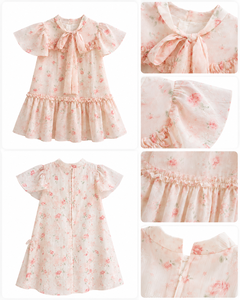 Elegant <b>Blush</b> <b>Pink</b> Floral Girls' Dress with Statement Bow-<b>Tie</b> Collar and Ruffles for Spring - Product Image 5