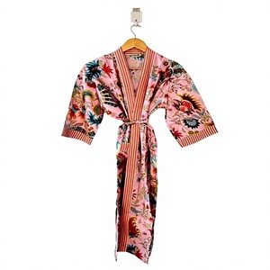 Robe longue à imprimé floral pour femmes, col en V, manches courtes, vêtements de nuit décontractés d'été, 100% coton tissé, kimono - Product Image 1
