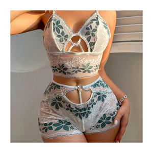 เซ็ตชุดชั้นในเรโทร2ชิ้นสำหรับผู้หญิงชุดชั้นในระบายอากาศลายใบไม้สีเขียวออกแบบโลโก้ได้ตามต้องการ - Product Image 4