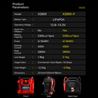 Batterie au lithium fer phosphate OEM 12V 2800A 21200mAh X2800 pour démarrage de voiture/moto/camion avec écran LCD et trois voyants lumineux