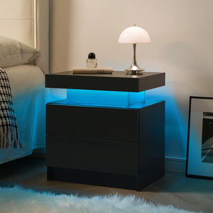 Nightstand LED Bedside Table Cabinet with 2 <b>Drawers</b> Modern <b>Storage</b> for Bedroom Black - Product Image 2