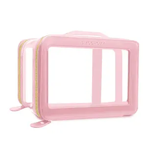 Custom traveling black pink pvc clear toilet cosmetic make up bags transparent makeup kit pouch with handle