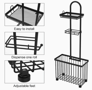 Porte-rouleau de papier toilette moderne en fer noir avec étagères de rangement pour magazines et support pour tablette, idéal pour les hôtels - Product Image 3