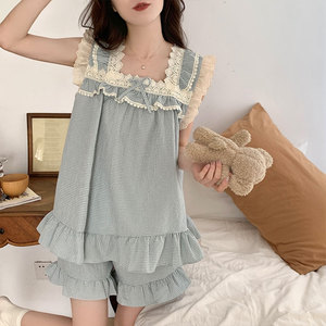 Camicia <span class=keywords><strong>da</strong></span> <span class=keywords><strong>notte</strong></span> estiva <span class=keywords><strong>da</strong></span> donna, sottile senza maniche con volant e Design a quadri, Set in due pezzi per la casa - Product Image 2