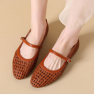 Scarpe da Donna all'Ingrosso dalla Cina, <span class=keywords><strong>Ballerine</strong></span> Mary Jane, Scarpe Traspiranti in Rete Intrecciata con Punta Quadrata, Colore Marrone - Product Image 4