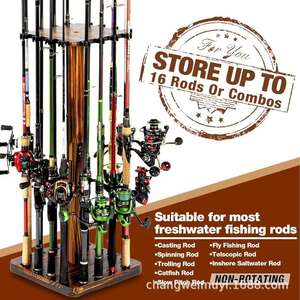 Wooden Fishing <b>Rod</b> <b>Holder</b> 16 <b>Rods</b> Capacity Solid Wood Floor Mount Non Rotating Freshwater <b>Rod</b> Storage Rack - Product Image 1