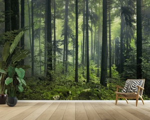 Carta da Parati Murale 3D HD con Foresta Nebbiosa, Impermeabile per Soggiorno e Camera da Letto, Carta da Parati Murale Verde Scuro con Foresta - Product Image 1