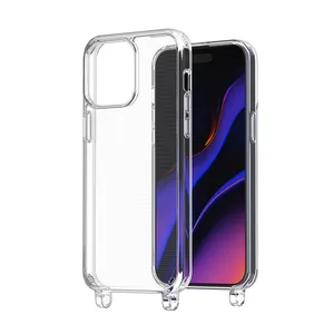 Coque pour iPhone 15, coque arrière transparente 2 en 1 en PC TPU avec lanière, trou de sangle d'épaule, coque de téléphone antichoc pour iPhone 15 Pro Max