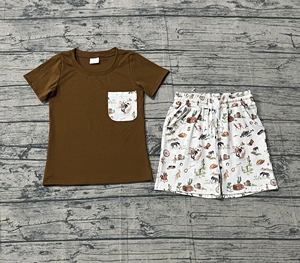 BSSO1825 Conjunto de Ropa Personalizado para Bebé Niño con Estampado de Vaca Marrón, Conjuntos de Verano al por Mayor - Product Image 1