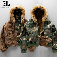 Chaqueta Bomber de Nylon Ripstop Reversible Personalizada LARSUR con Capucha de Piel Sintética, Camuflaje Desgastado, Chaqueta de Piloto Corta