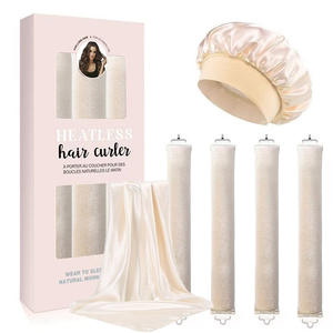 Ensemble de bigoudis en soie beige, bigoudis sans chaleur en satin, bandeau pour <span class=keywords><strong>cheveux</strong></span>, bonnet pour dormir - Product Image 1