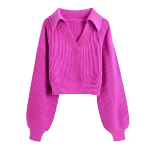 Schlussverkauf Pullover für Damen Strickpullover mit Johnny-Ausschnitt und Laternenärmel Pullover modischer Pullover
