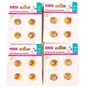 Bottone Decorativo in Legno Ilan 18mm con Design Gufo in Madreperla per Artigianato - Product Image 1