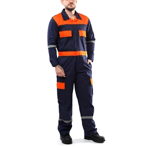 <b>Men's</b> High Visibility <b>Work</b> Coverall Cotton Long Sleeve Safety <b>Overalls</b> with Reflective Stripes and Orange Accents - Product Image 1