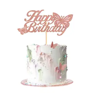 Toptan kelebek Cupcake Toppers doğum günü pastası parti süslemeleri için mutlu doğum günü pastası Topper