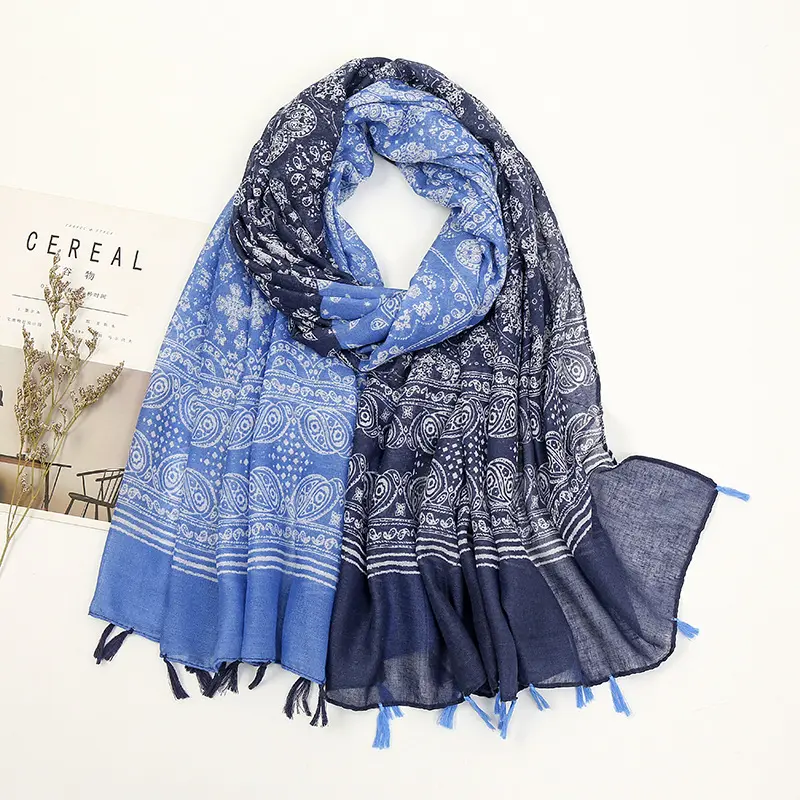 Заводской хиджаб, шарф с кисточками, роскошные брендовые палантины, ретро этнический вискозный шарф на шею, шали, синий головной шарф с принтом для женщин