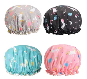 유니콘 샤워 캡, 길고 두꺼운 머리카락을 가리는 여성용 더블 레이어 목욕 모자, 재사용 가능한 방수 보닛