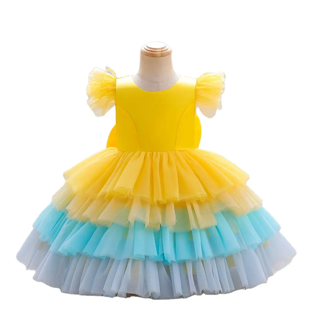 Big Bow Colorful Puffy Baby Girl Dress Lace Tulle Princess Fluffy Birthday Cake Skirt Dress