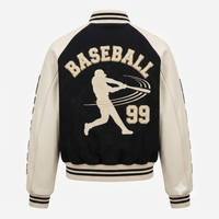 Blouson universitaire en laine noire avec manches en cuir PU, broderie plate en chenille WALK OFF, style baseball, col montant, hiver, OEM