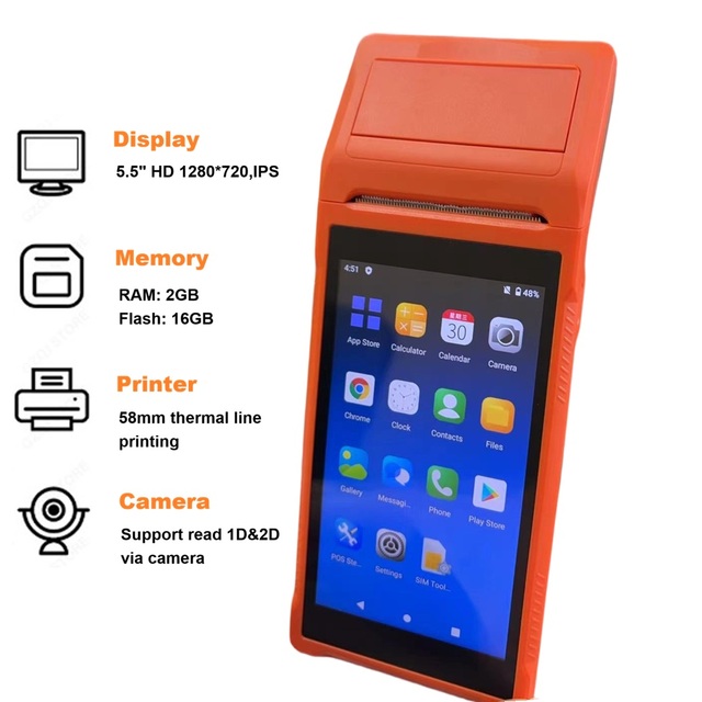 4G Bluetooth WIFI USB Android 14 OS Handheld POS Printer System 5.5" Touch Screen Mobile Terminal Machine 58mm Thermal Printer