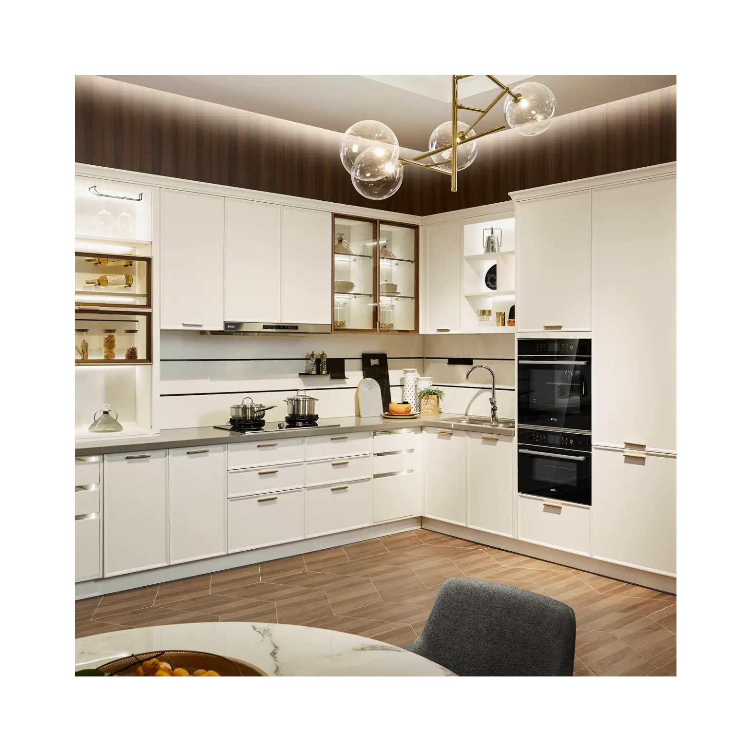Armarios de cocina de melamina de diseño de lujo ligero minimalista moderno con juego de armario de pared