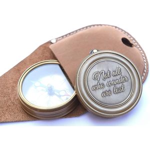 Brass <b>Compass</b> with Leather Case <b>Engraved</b> Not All for Wander Are Lost Magnetic Navigational Portable Pocket Hiking Guide - Product Image 2