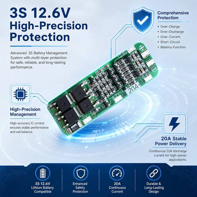 3S 20A 11.1V 12V 12.6V Li-Ion Lithium Battery BMS Module with 18650 Charger PCB Protection Board PCBA Product