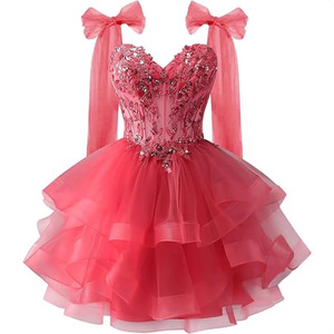 Layered Tulle Prom Dress Sweetheart Neckline Bow Straps Ball Gown Style Chiffon Fabric - Product Image 3