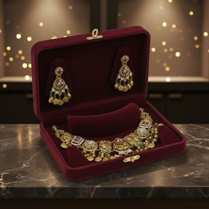 Ensemble de collier choker Kundan en argent massif traditionnel avec pierres multicolores, perles en forme de pièces de monnaie et boucles d'oreilles assorties - Product Image 3