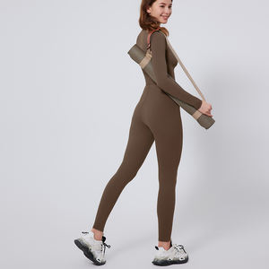 Venta al por mayor de conjuntos de gimnasio Fitness de secado rápido de una pieza mono de manga larga Yoga Ropa deportiva Entrenamiento Diseño de cremallera Body de mujer - Product Image 5