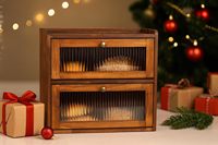Boîte à pain réutilisable en bois à 2 niveaux avec fenêtre en acrylique, grande capacité, style vintage, pour comptoir de cuisine, étagère de rangement alimentaire