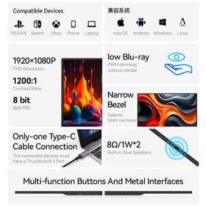 Moniteur portable IPS de 15.6 pouces avec deux ports Type-C et HDMI Rapport de contraste de 800:1 Affichage de seconde externe pour PC <span class=keywords><strong>Mac</strong></span> - Product Image 5