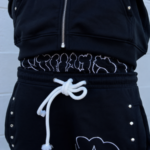 Fabricant OEM – Ensemble survêtement Y2K personnalisé avec <span class=keywords><strong>pantalon</strong></span> baggy à double taille et coupe évasée, et sweat à capuche orné de strass - Product Image 2