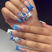 Faux Ongles en Gros, Acrylique, Couverture Complète, à Presser, Bleu Dégradé, Imprimé Zèbre, Forme Canard, Longueur Courte, 10 Pièces