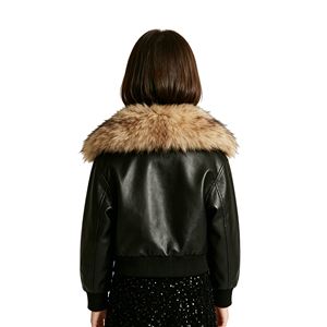 A&J Clothing Manufacturer Sister Matching Faux Leather Cropped Jacket Faux Fur Collar Zip Luxe Outerwear Kids Girls Fall <b>Winter</b> - Product Image 2