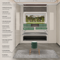 Système de dressing de luxe ARET avec coiffeuse, miroir rétroéclairé, étagères ouvertes, tiroirs à accents verts et banc d'appoint pour chambre à coucher
