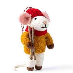 Ornement de Noël en feutre de laine écologique fait main, souris avec chapeau rouge et manteau jaune, décoration murale intérieure traditionnelle pour les fêtes - Product Image 3