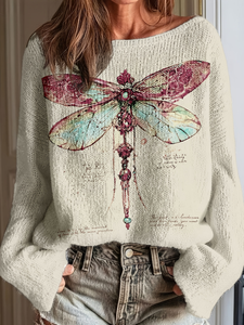 Maglione da Donna con Grafica Libellula 2026, Stampa Botanica Vintage, Girocollo, 100% Poliestere, Top con Stampa Digitale Narrativa - Product Image 1