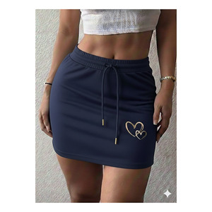 Mini-jupe bleu marine pour femme, taille élastique, cordon de serrage, imprimé cœur, longueur 45 cm - Product Image 2