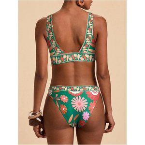 FOXA Ensemble bikini 2 pièces pour femme, motif floral bohème, débardeur à col en V, maillot de bain string taille haute, imprimé numérique extensible - Product Image 2