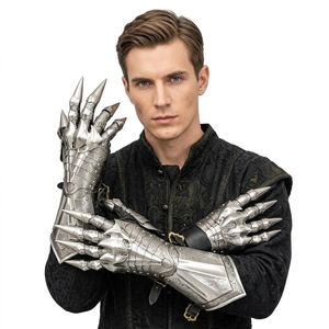 ถุงมืออัศวินยุคกลาง ทำจากเหล็กกล้าไร้สนิม ชุบเงิน สไตล์โบราณ พร้อมลวดลายแกะสลักประณีต ถุงมือเกราะหล่อขึ้นรูป - Product Image 1